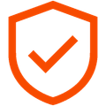 An orange shield with a check mark inside of it.