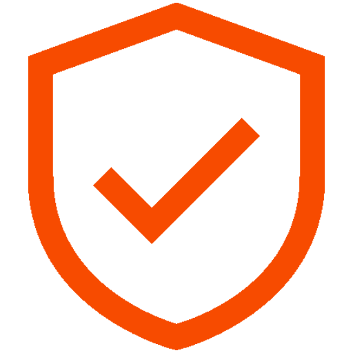 An orange shield with a check mark inside of it.