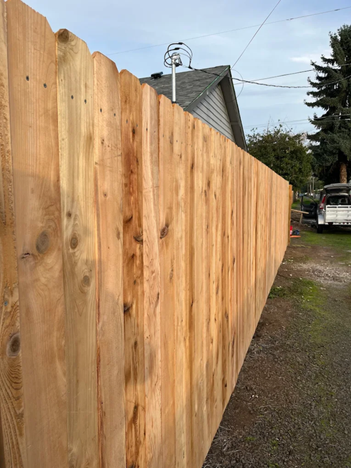A white fence with a gate in the backyard of a house.