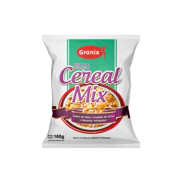 Una bolsa de mezcla de cereales Granix, empaque blanco y verde con texto morado.