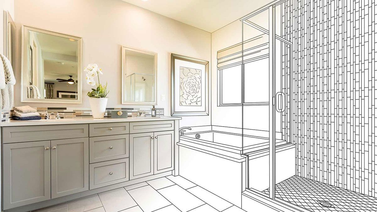 A Black and White Drawing of a Bathroom with a walk in Shower — Crowfoot Constructions NSW, 2830