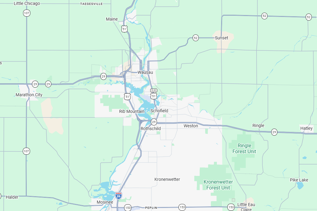 Tree service area map for Wausau WI and surrounding communities