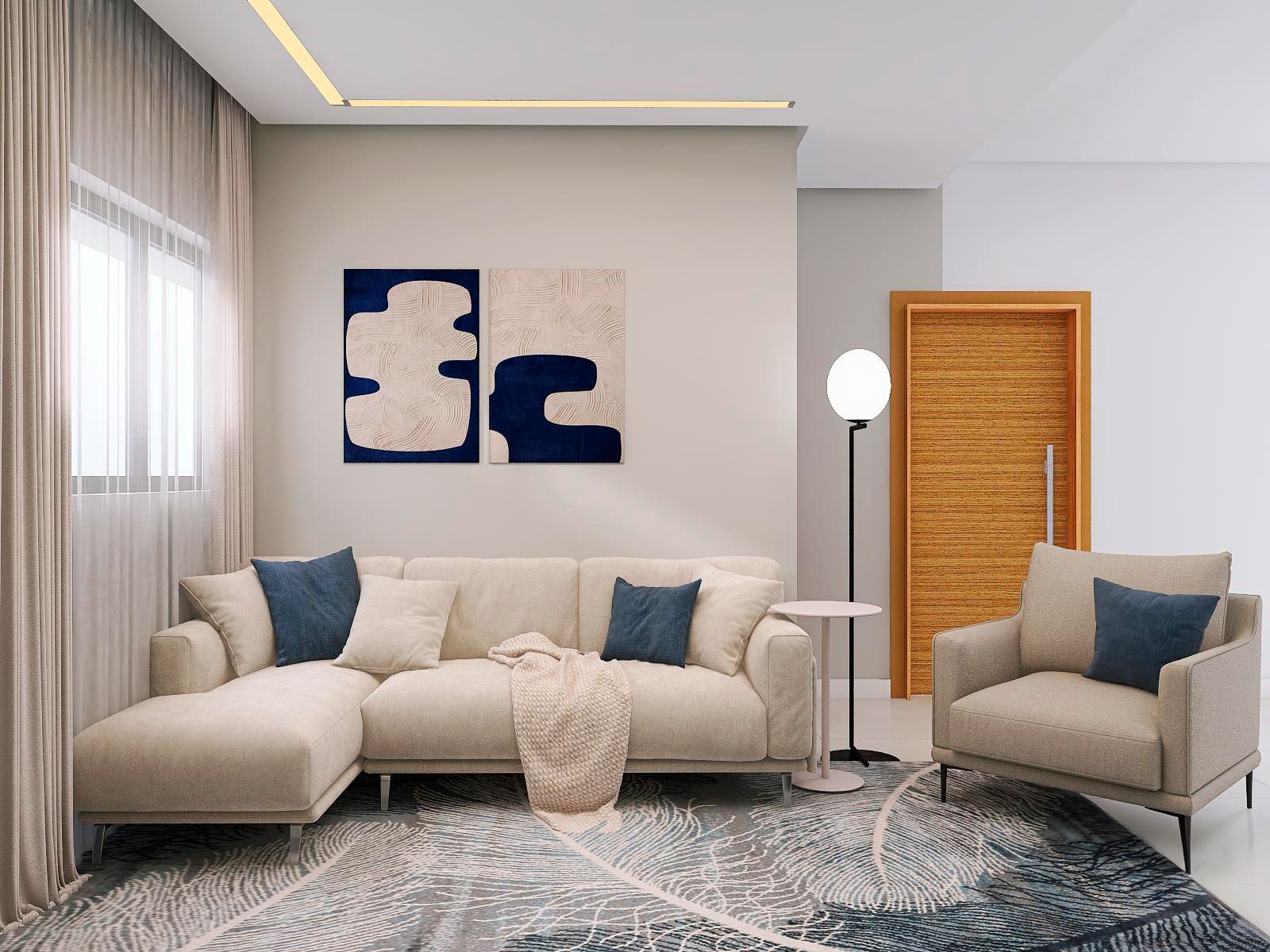 Uma sala com sofá, cadeira, tapete e quadro na parede.