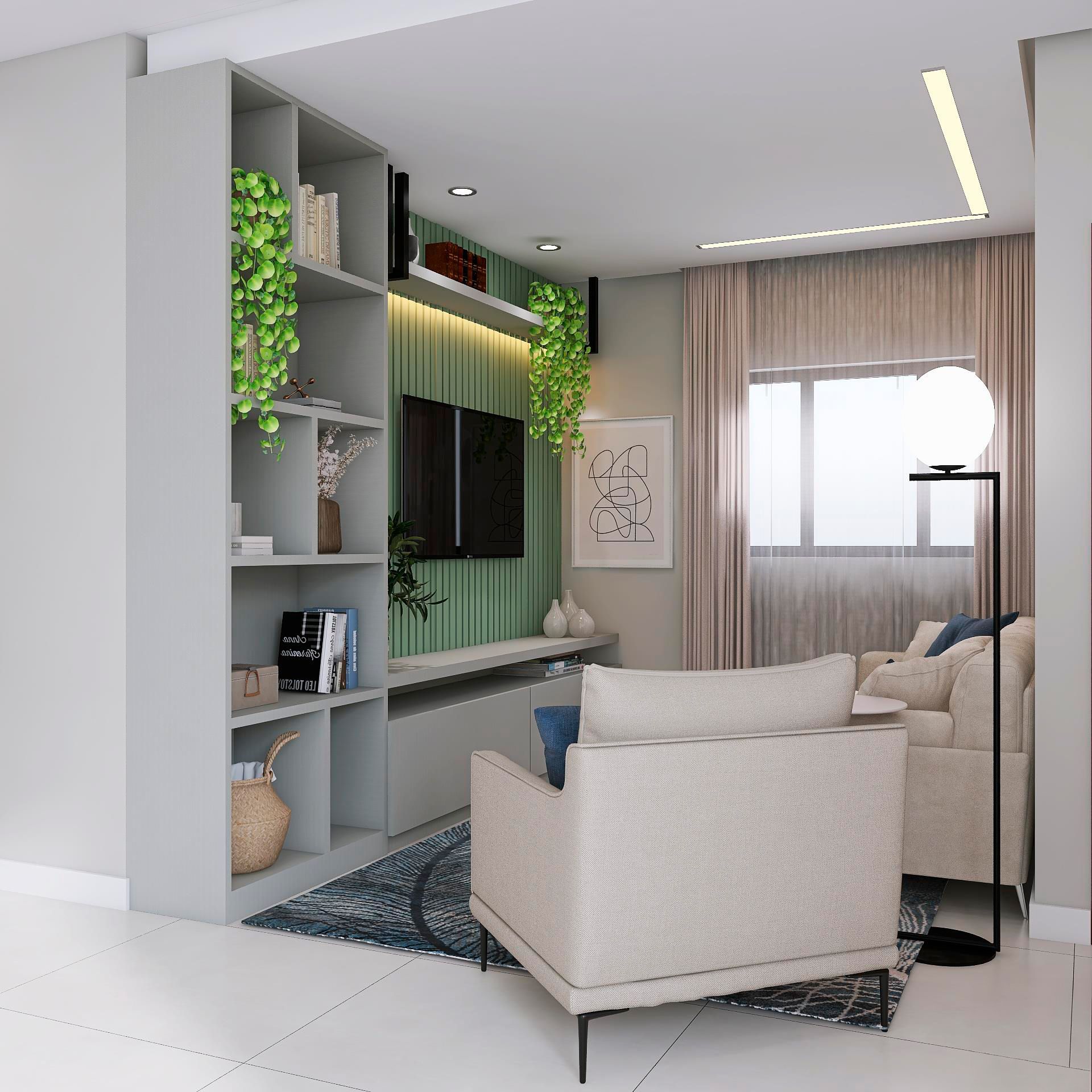 Uma sala de estar com sofá, cadeira e televisão