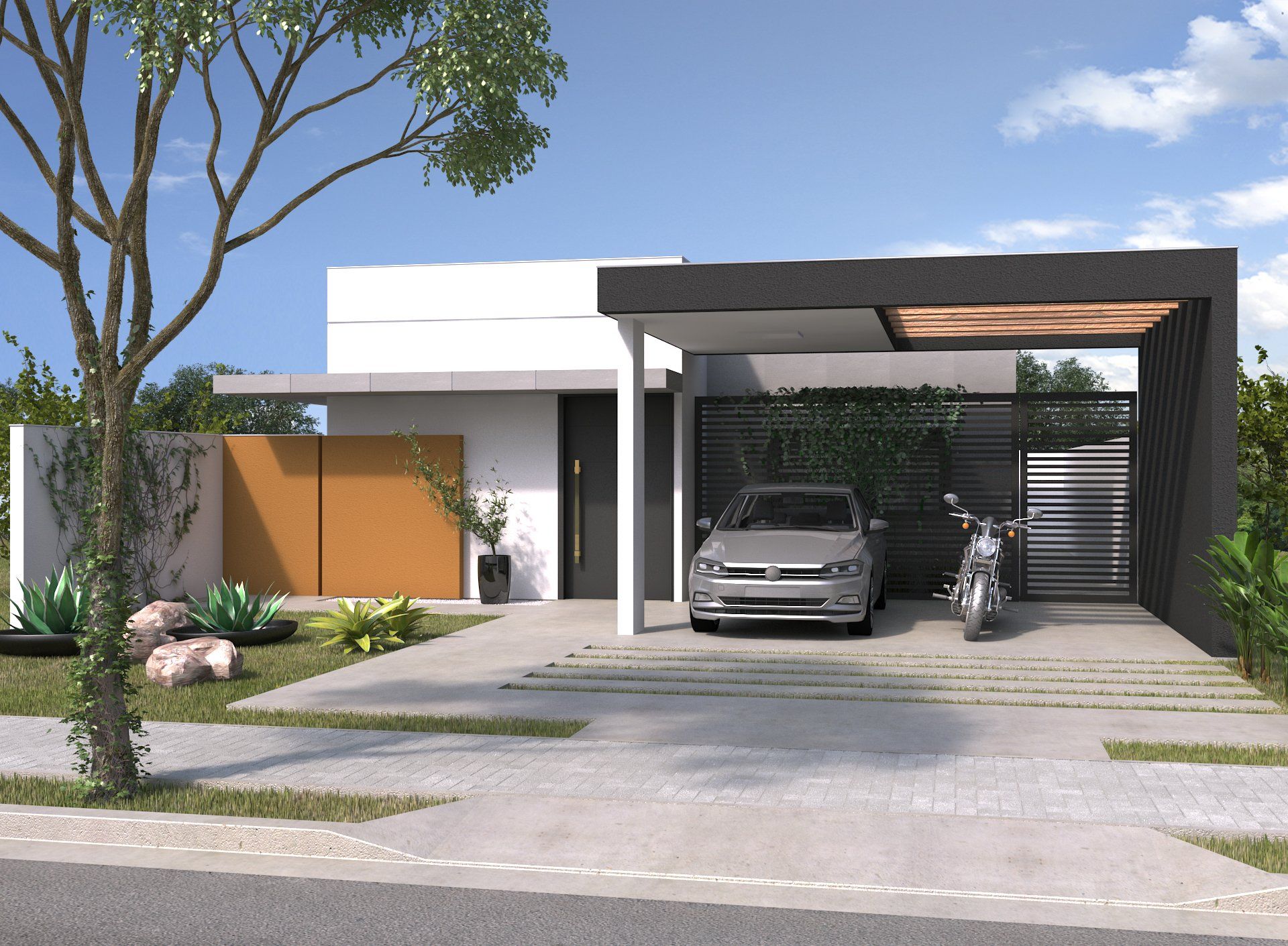 Um carro está estacionado sob um dossel em frente a uma casa