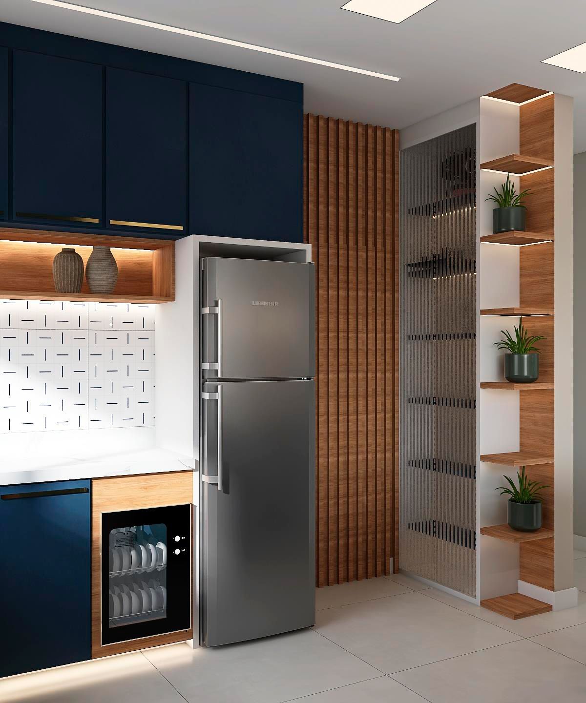 Uma cozinha com eletrodomésticos em inox e armários em madeira.