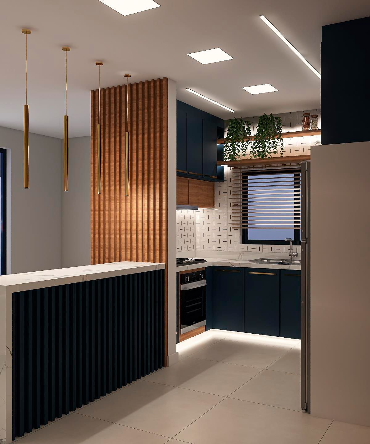 Impressão artística de uma cozinha com armários azuis e janela.