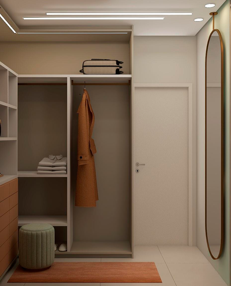 Um casaco está pendurado em um armário ao lado de um espelho