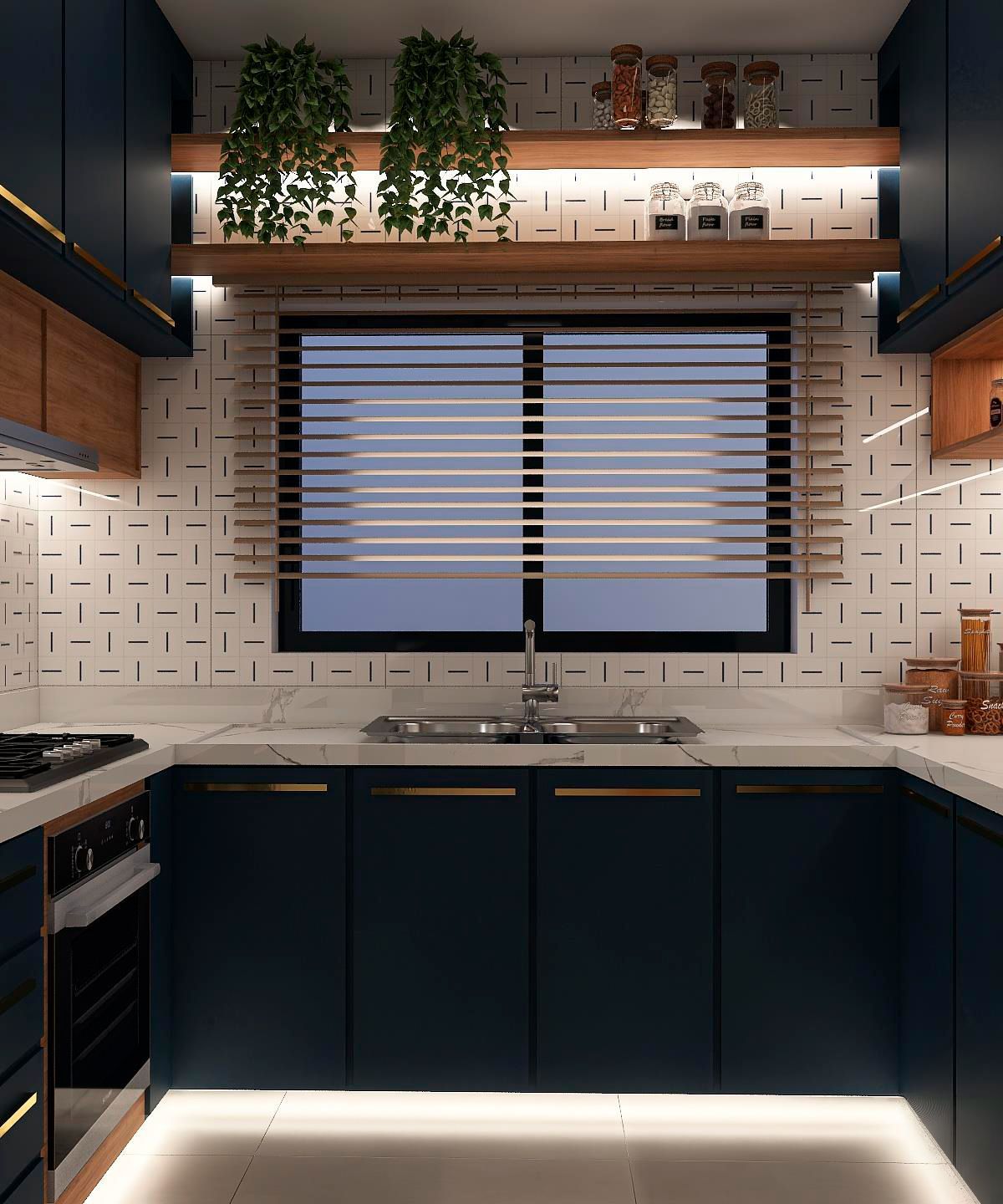 Uma cozinha com armários azuis e uma janela com persianas.