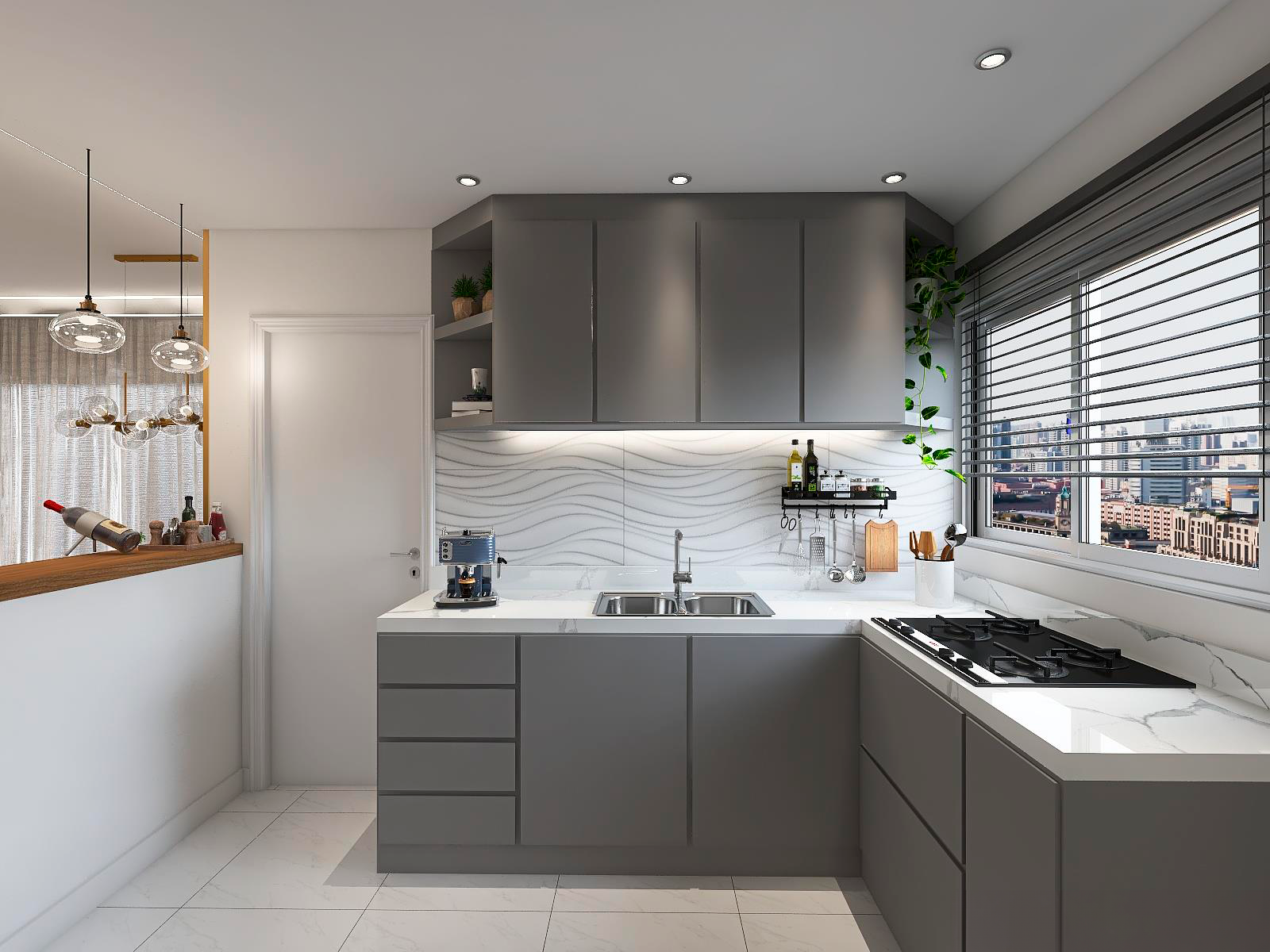Uma cozinha com armários cinza e fogão com forno