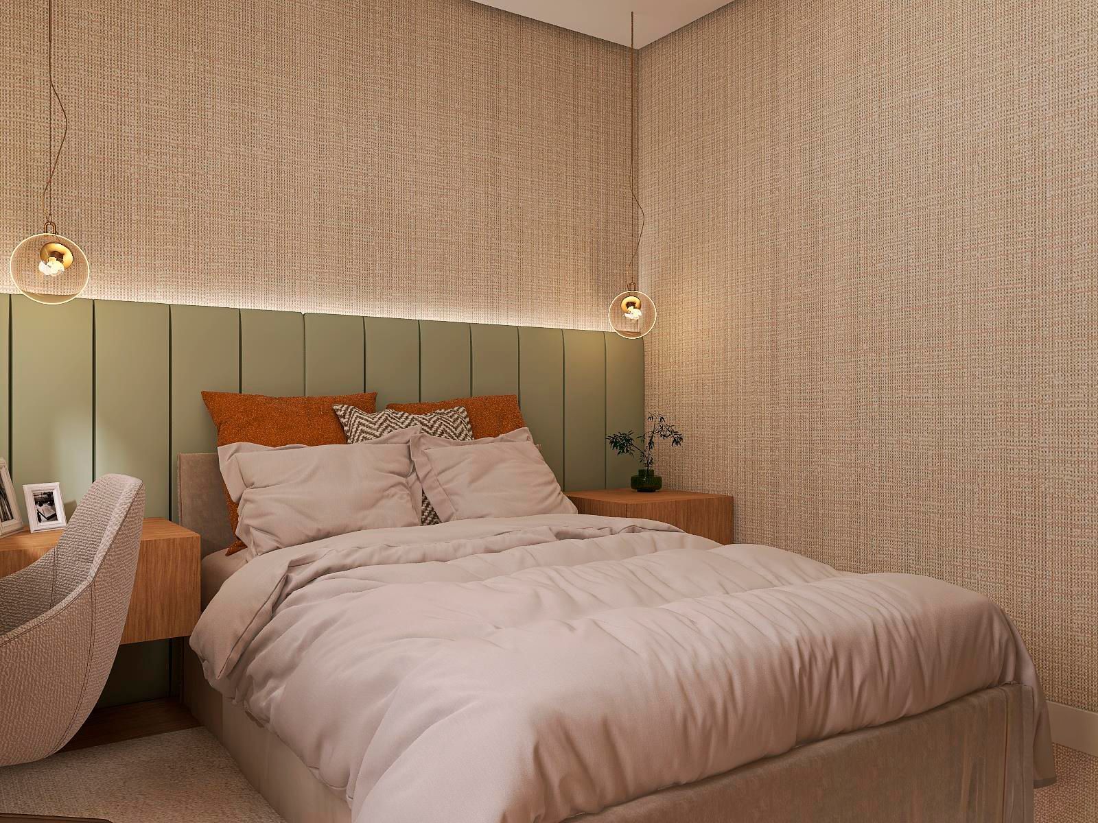 Um quarto com cama, mesa e cadeira.