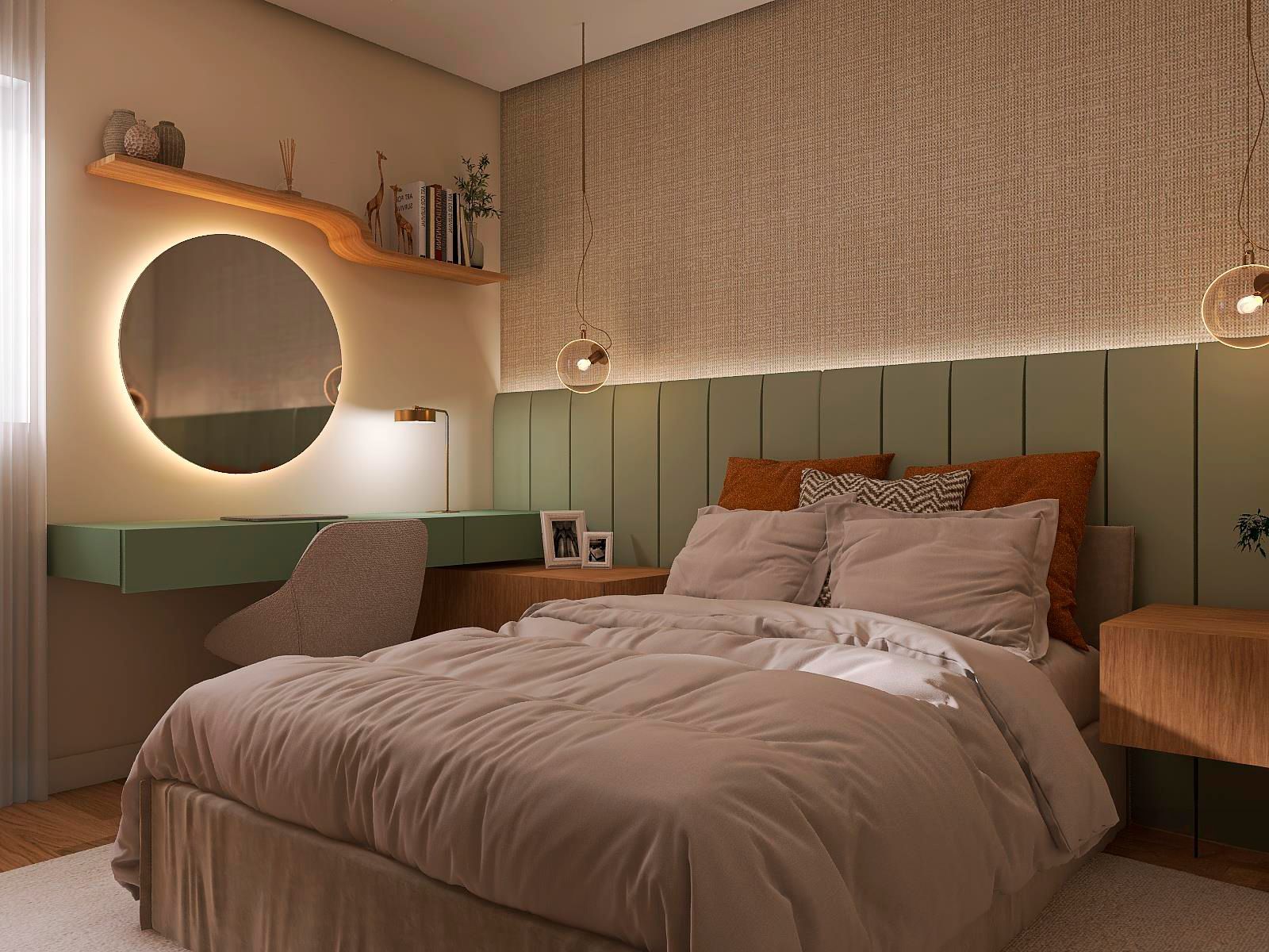 Um quarto com cama, escrivaninha, espelho e mesa de cabeceira.