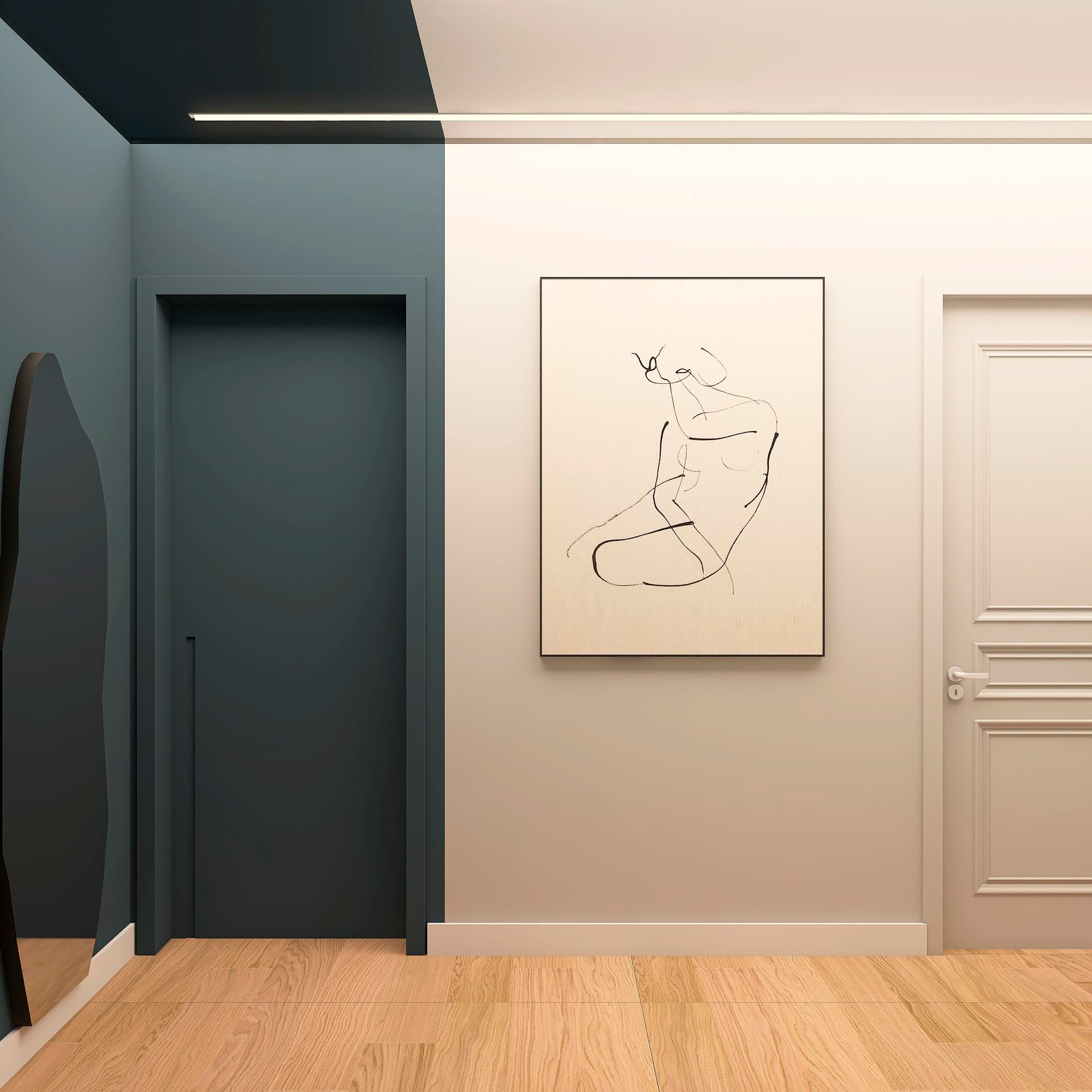 Um corredor com uma porta e uma pintura na parede