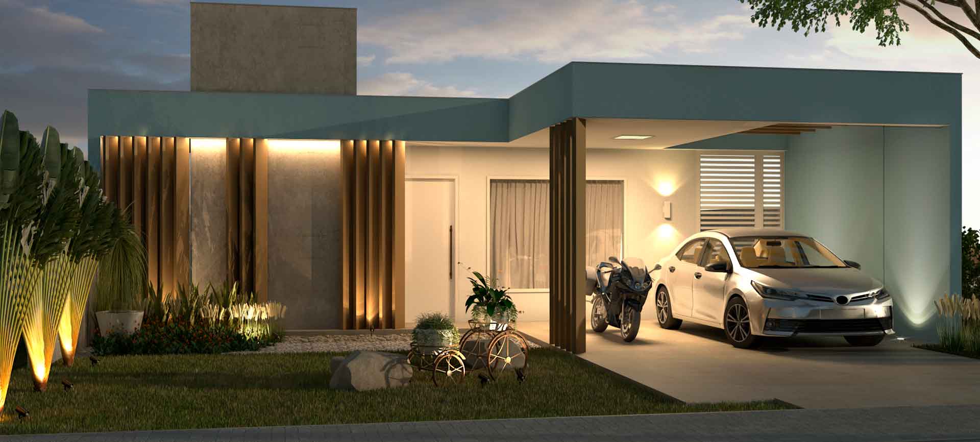 Um carro está estacionado em frente a uma casa moderna.