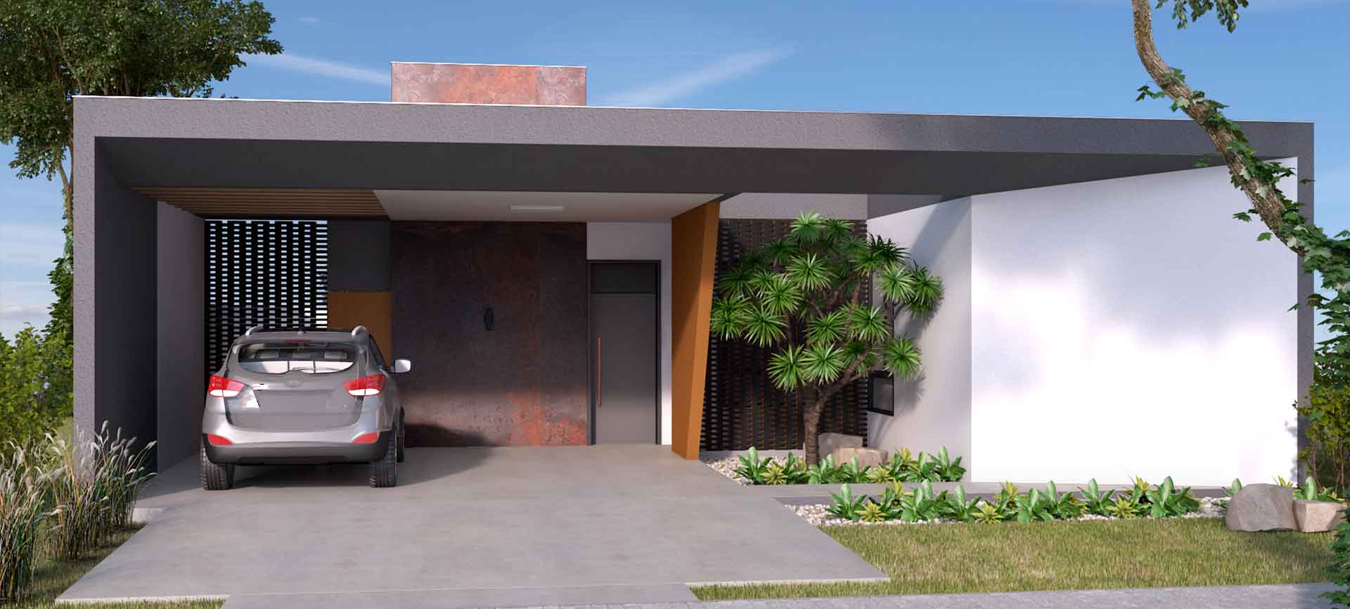 Um carro está estacionado em frente a uma casa moderna.