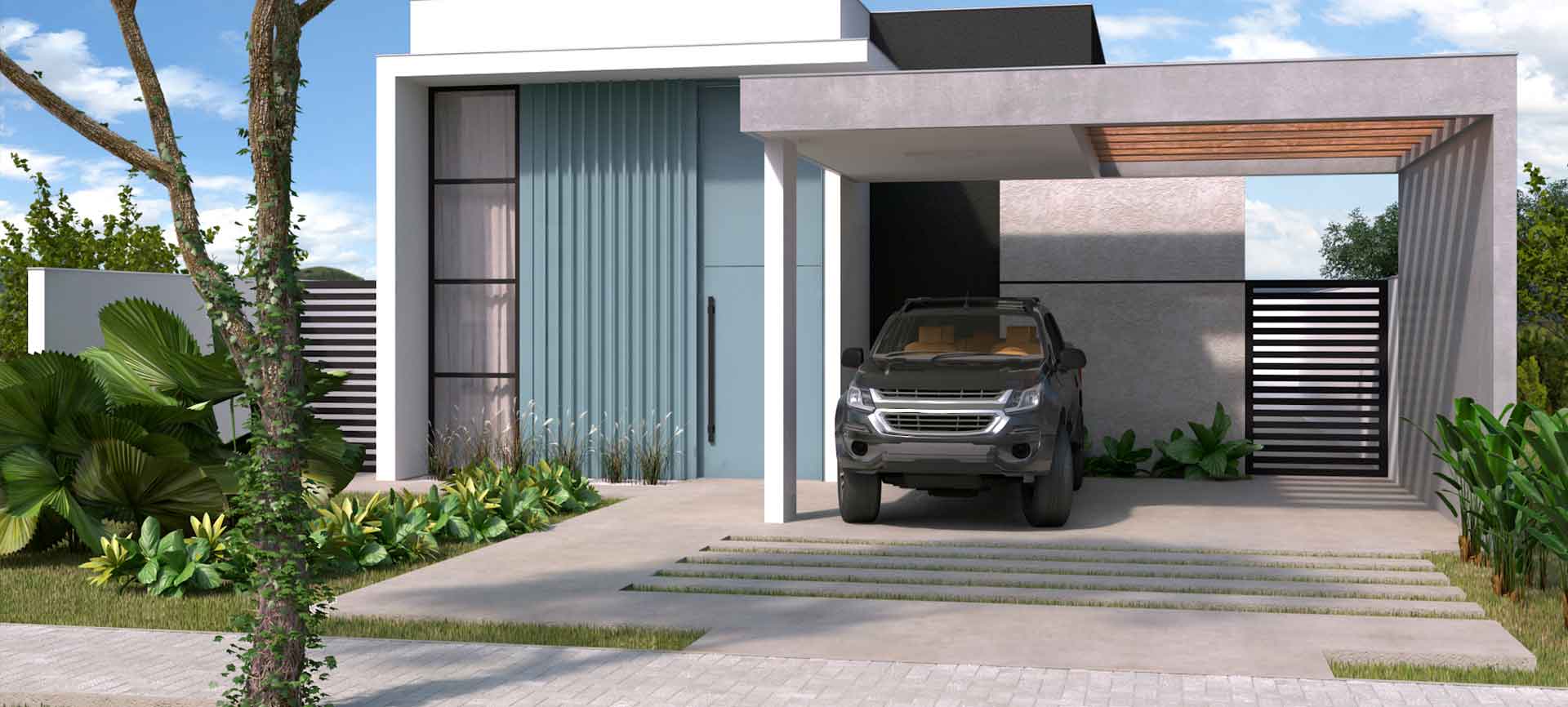 Um carro está estacionado em frente a uma casa moderna.