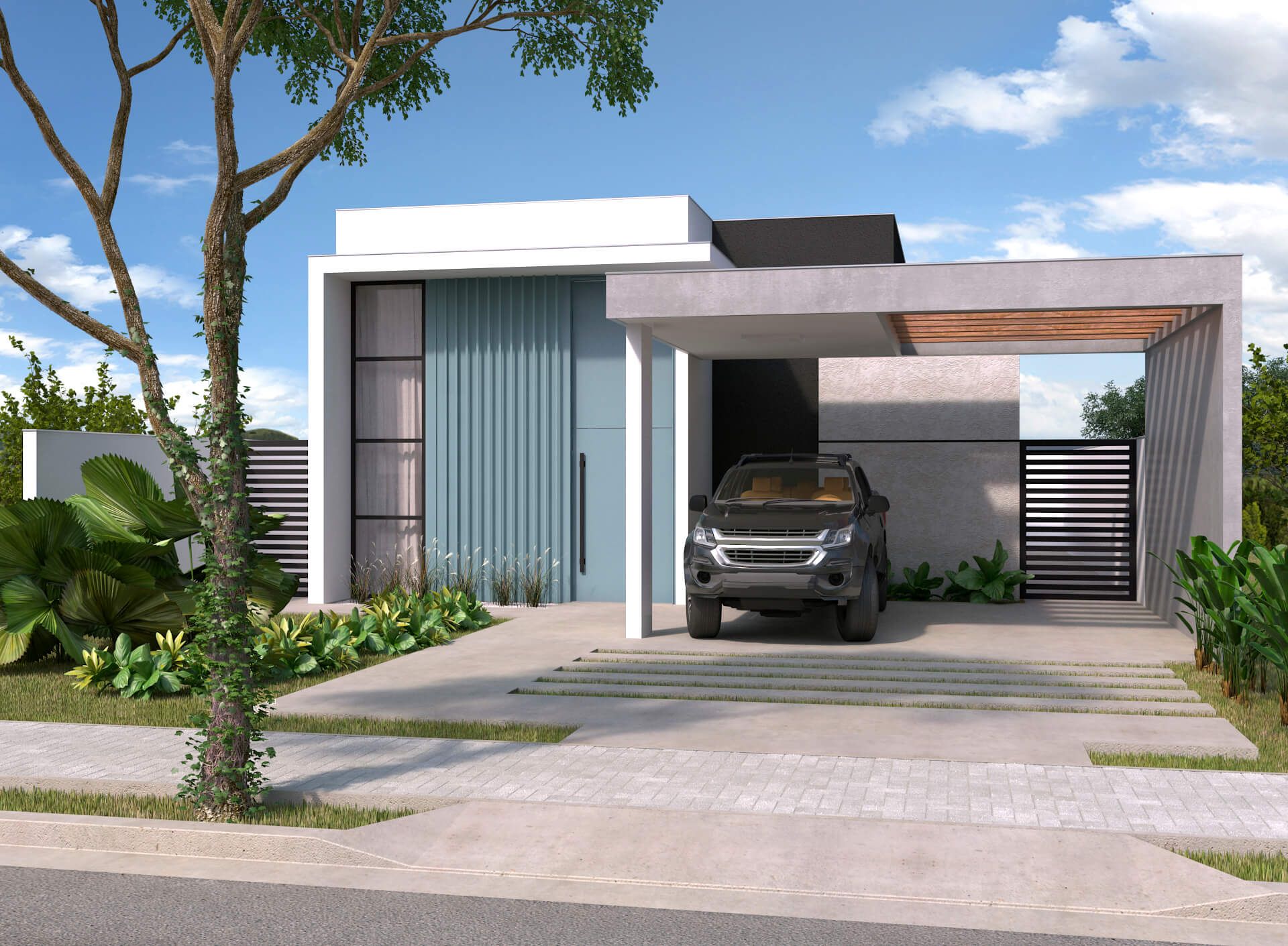 Um carro está estacionado em frente a uma casa moderna