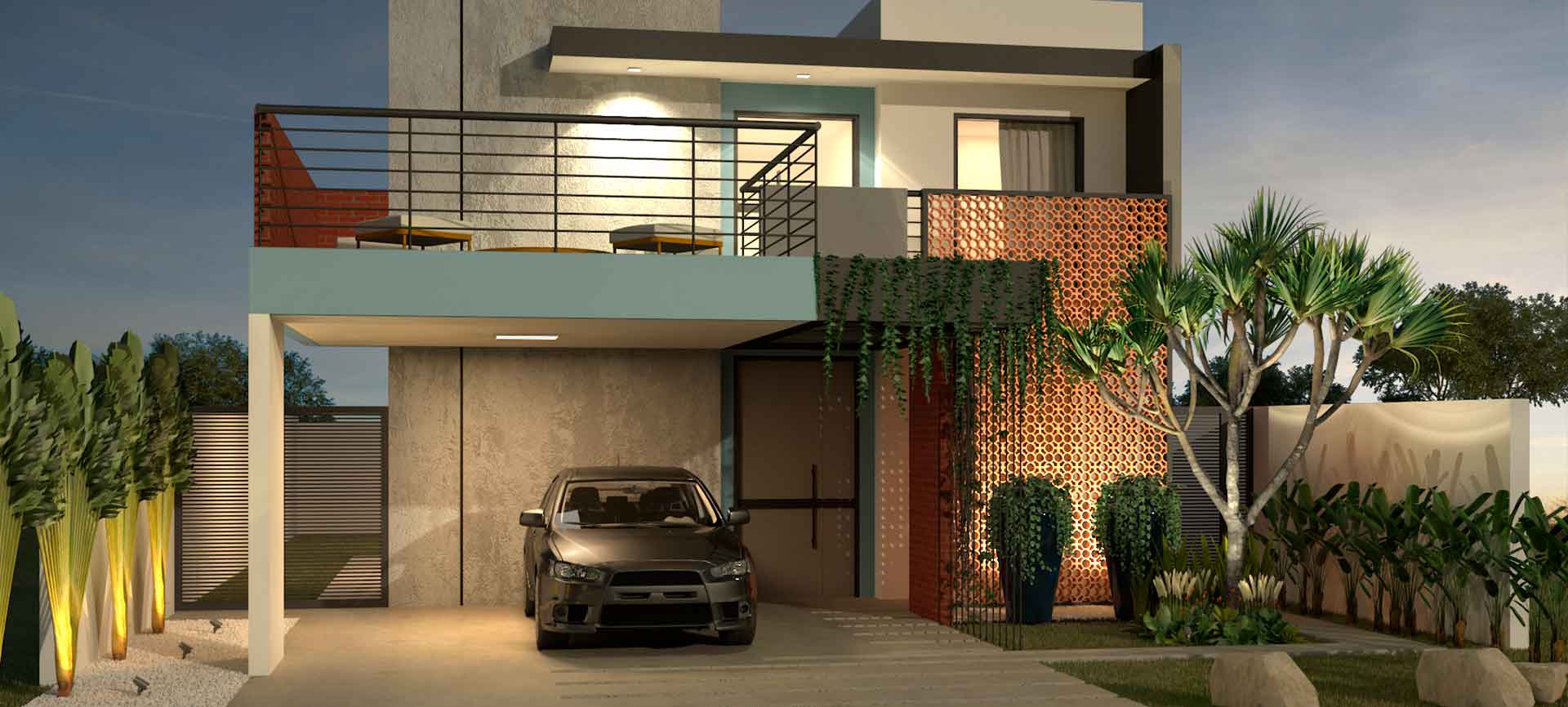 Um carro está estacionado em frente a uma casa moderna.