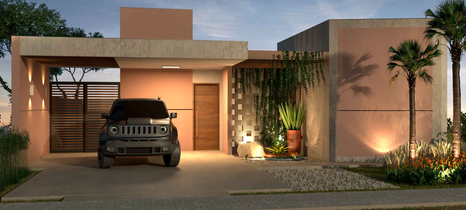 Um jipe está estacionado em frente a uma casa.