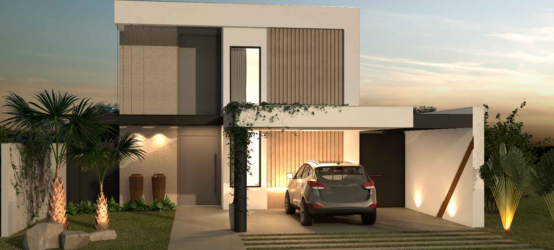 Um carro está estacionado em frente a uma casa moderna.