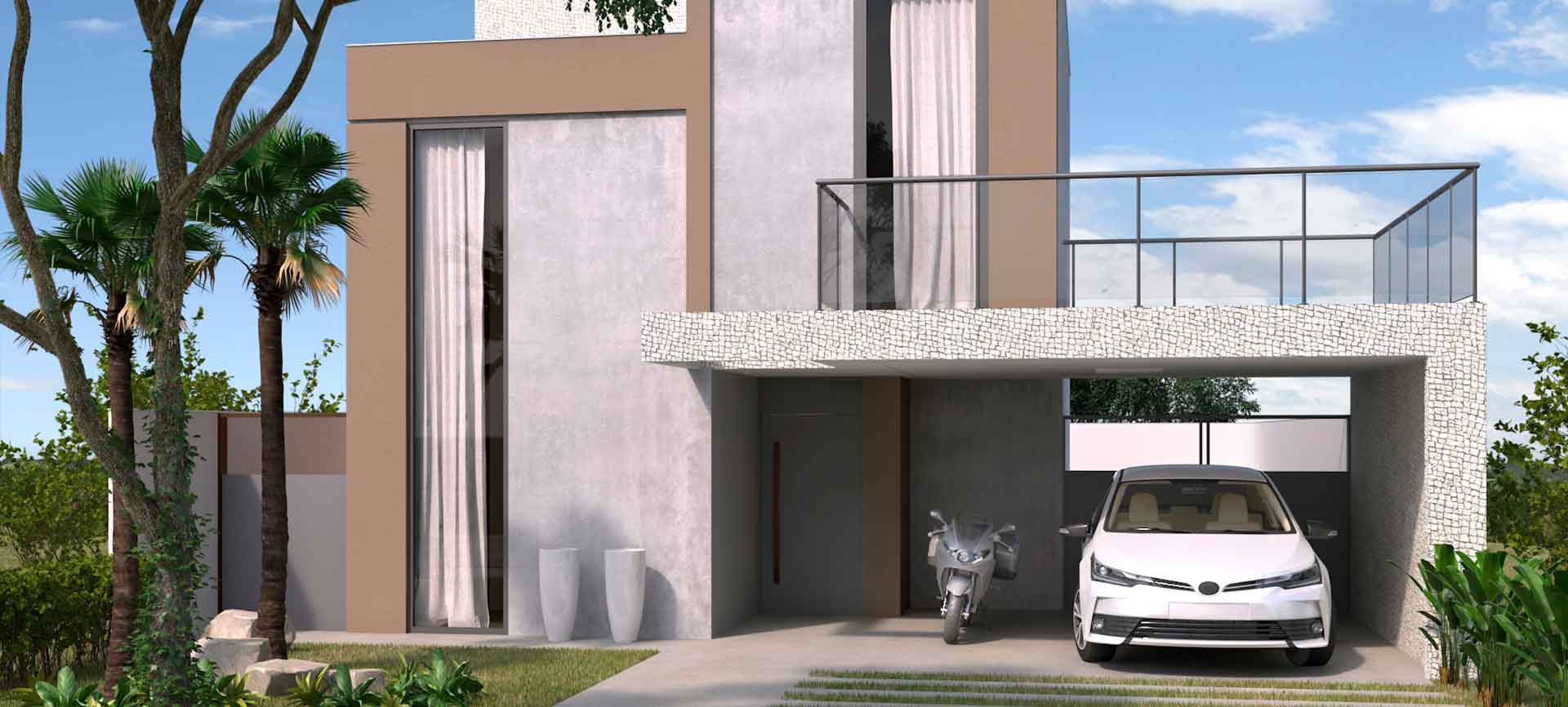 Um carro branco está estacionado em frente a uma casa moderna.