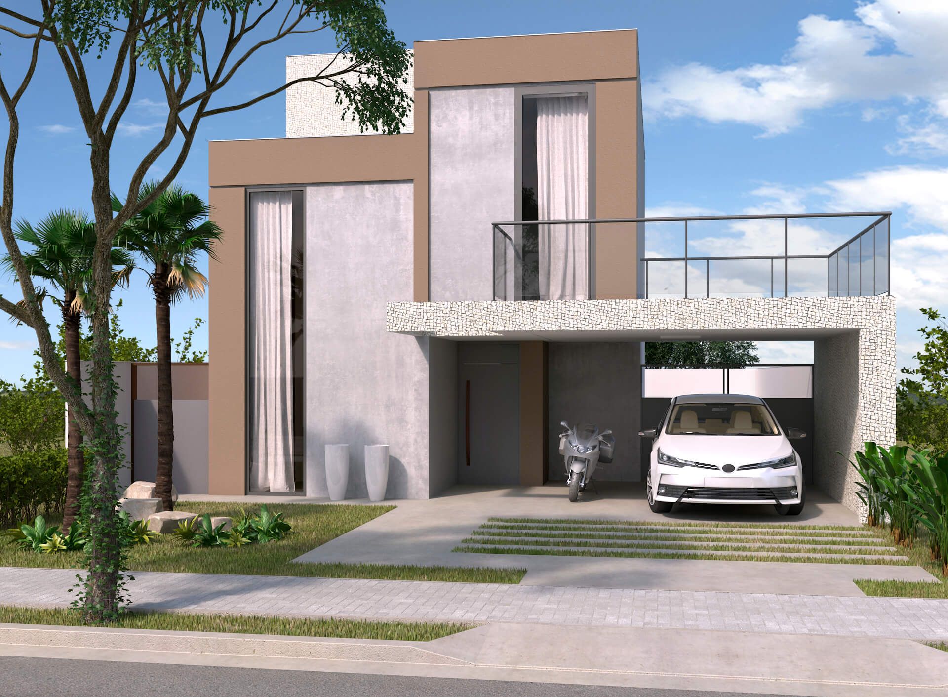 Um carro branco está estacionado em frente a uma casa