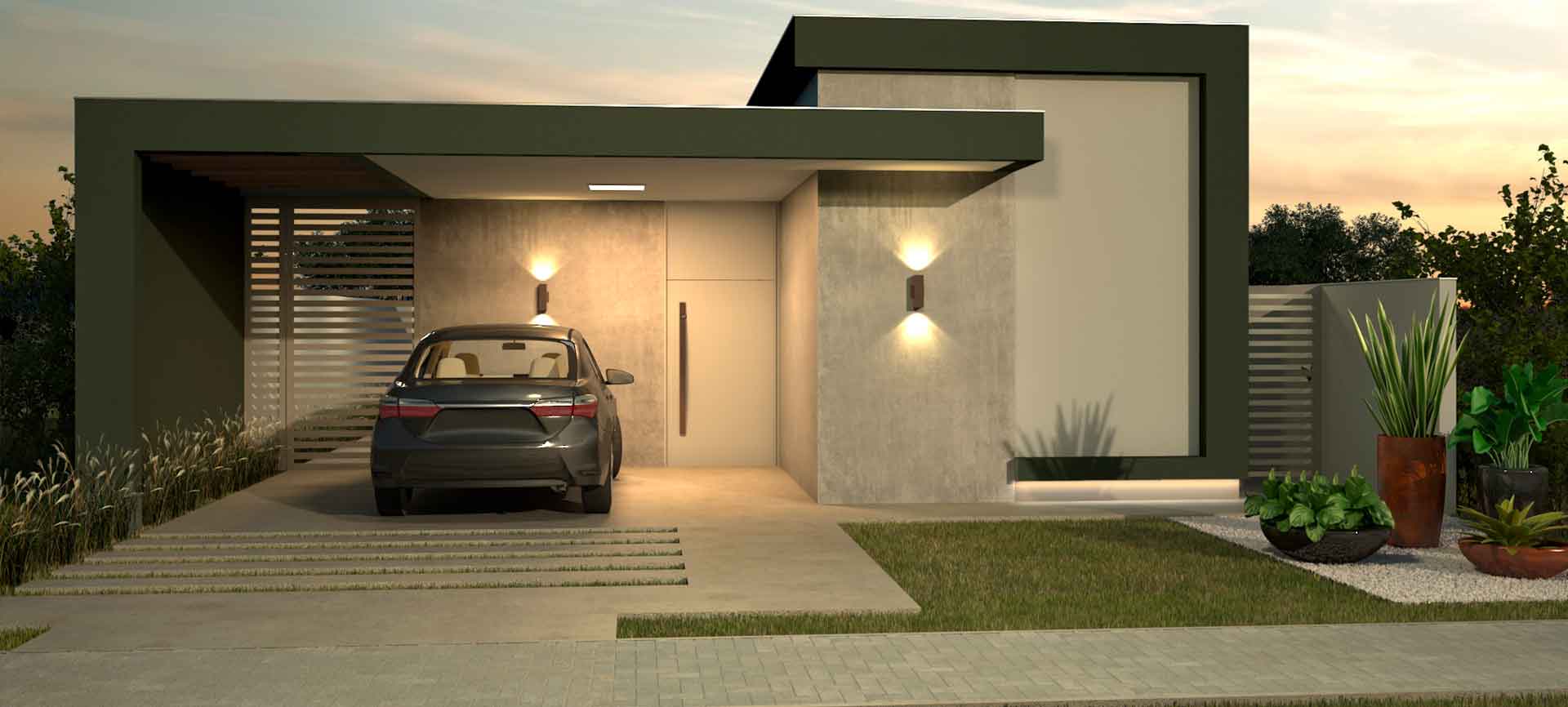 Um carro está estacionado em frente a uma casa moderna.