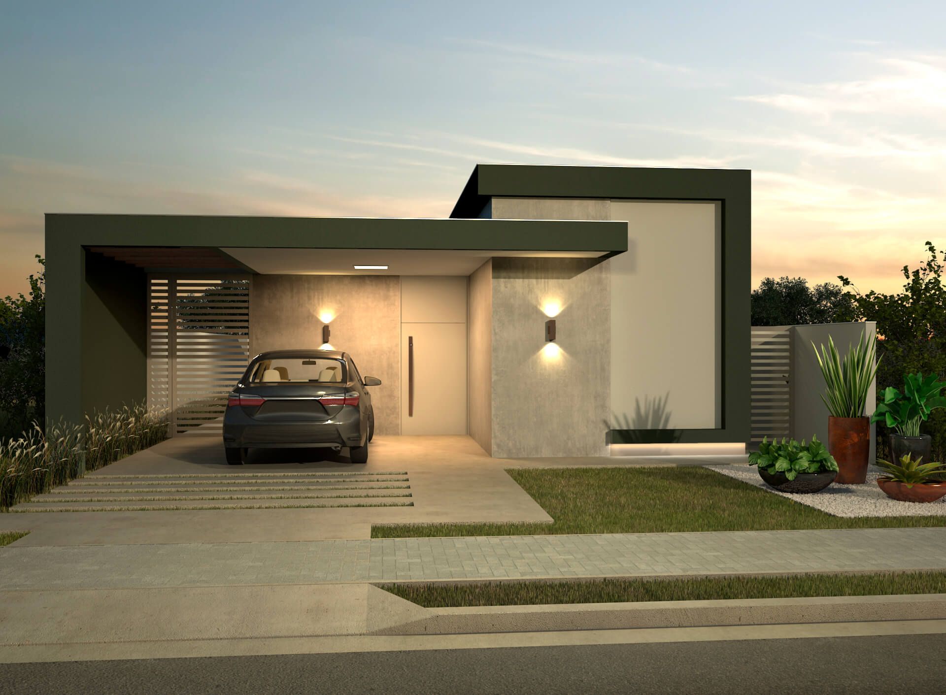 Um carro está estacionado em frente a uma casa moderna.