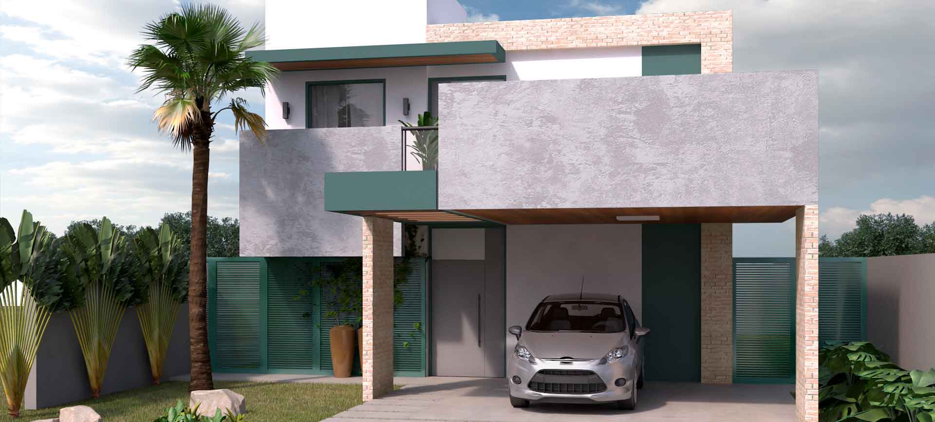Um carro está estacionado em frente a uma casa com uma palmeira.