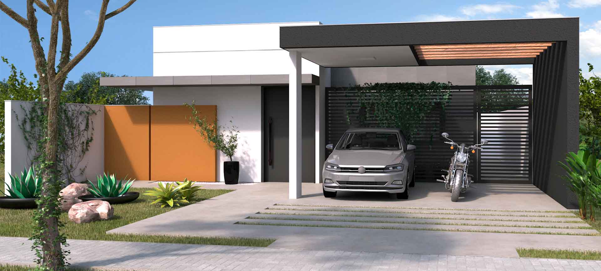 Um carro e uma moto estão estacionados em frente a uma casa moderna.