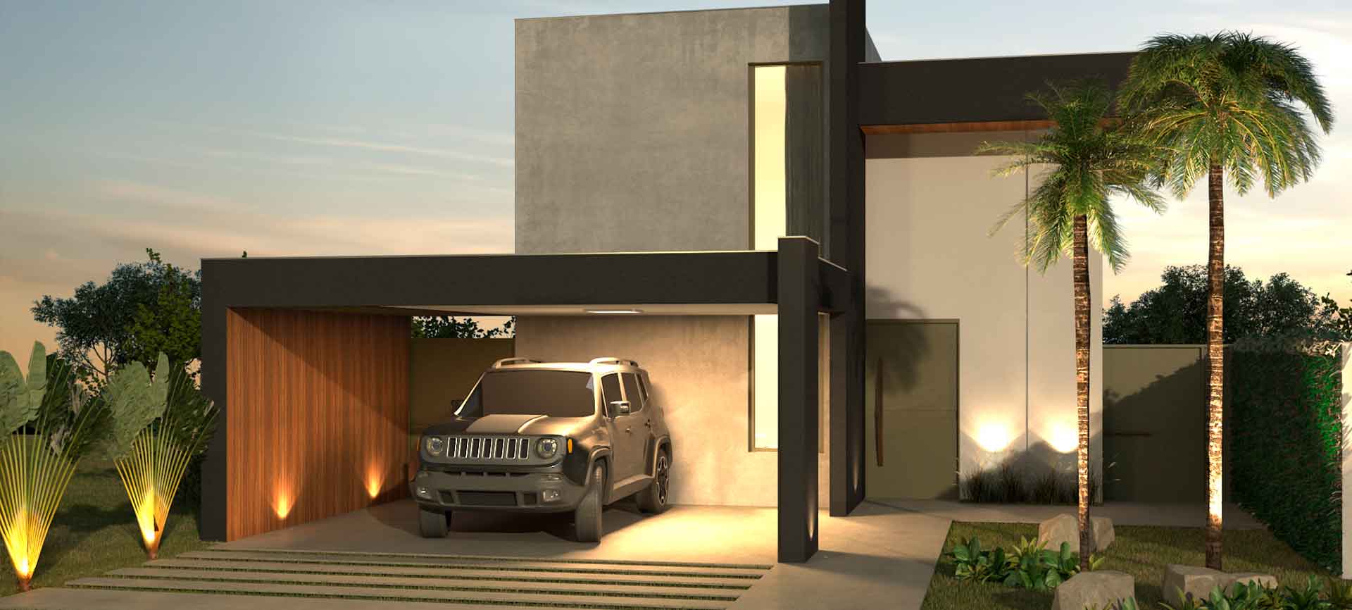 Um jipe está estacionado na garagem de uma casa moderna.