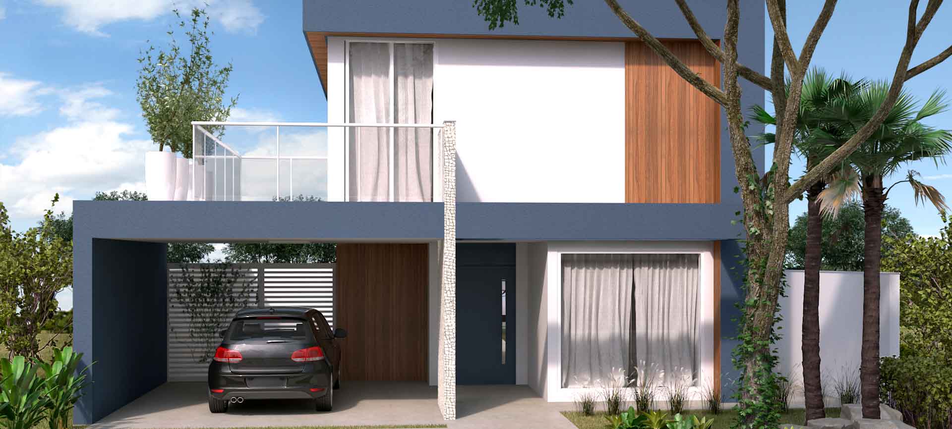 Um carro está estacionado em frente a uma casa moderna.