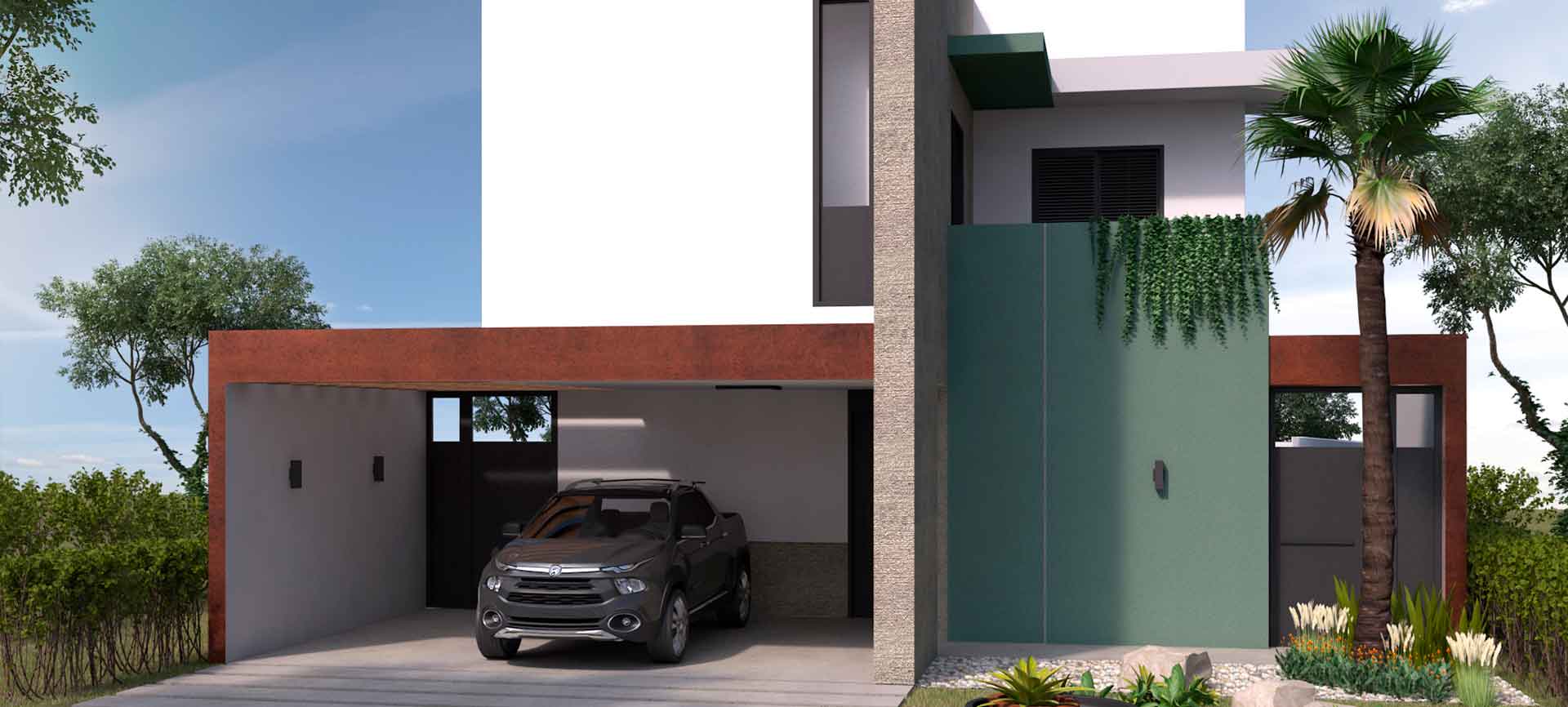 Um carro está estacionado na garagem de uma casa moderna