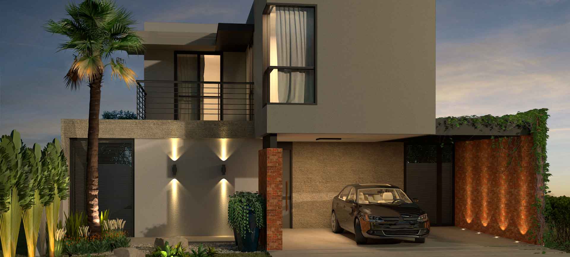 Um carro está estacionado na garagem de uma casa moderna.