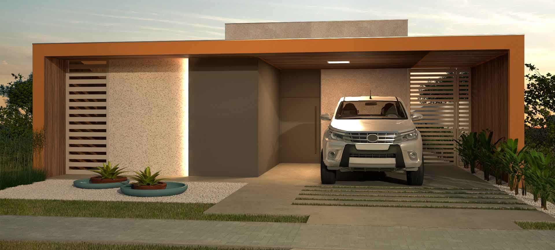 Um carro está estacionado em frente a uma casa moderna.