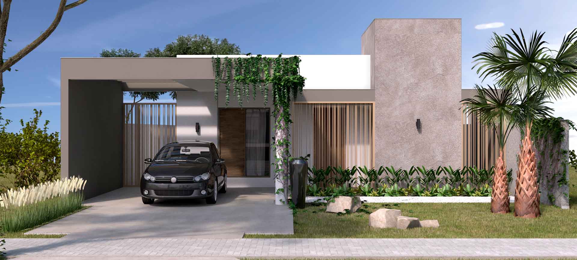 Um carro está estacionado em frente a uma casa moderna.