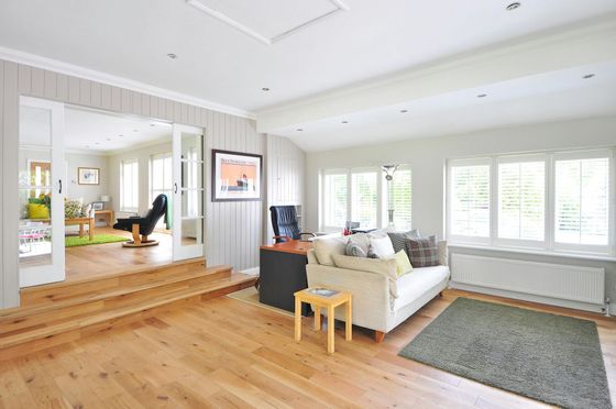 Bright living room with hardwood floors, white walls, gray sofa, and large windows.