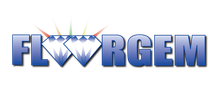 Blue metallic &ldquo;FLWRGEM&rdquo; logo with diamond shapes in the center