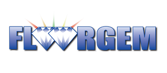 Blue metallic “FLWRGEM” logo with diamond shapes in the center