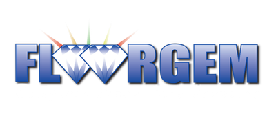 Blue metallic “FLWRGEM” logo with diamond shapes in the center