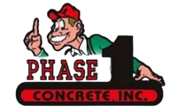 Logo for Phase 1 Concrete Inc. depicts a cartoon man in a red cap pointing up, on a large black number 1 with text.