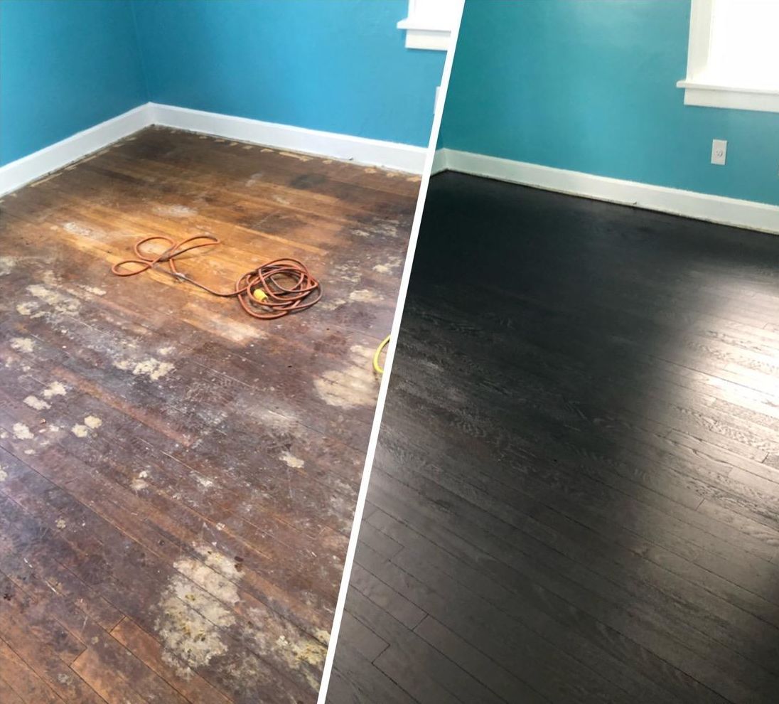 A before and after photo of a wooden floor in a room