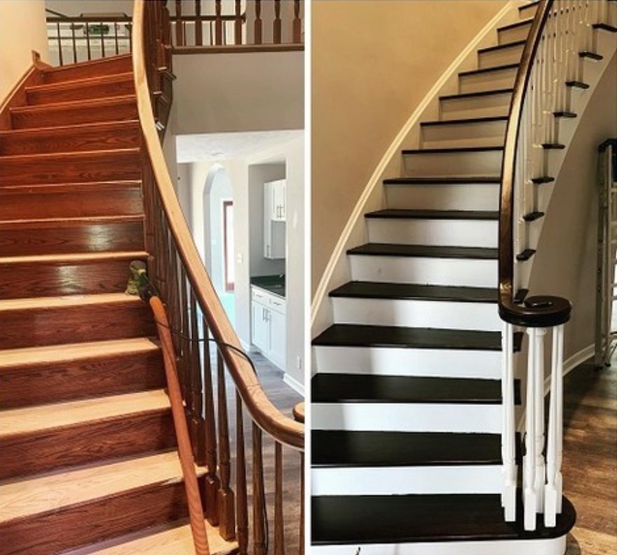 A before and after photo of a wooden staircase