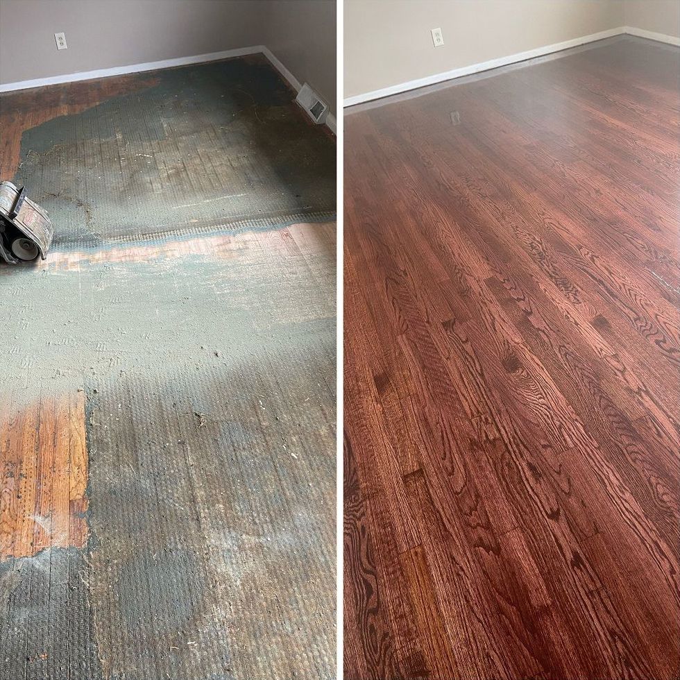 A before and after photo of a wooden floor in a living room