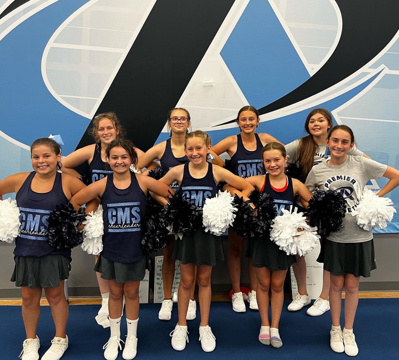A group of cheerleaders are posing for a picture with pom poms.