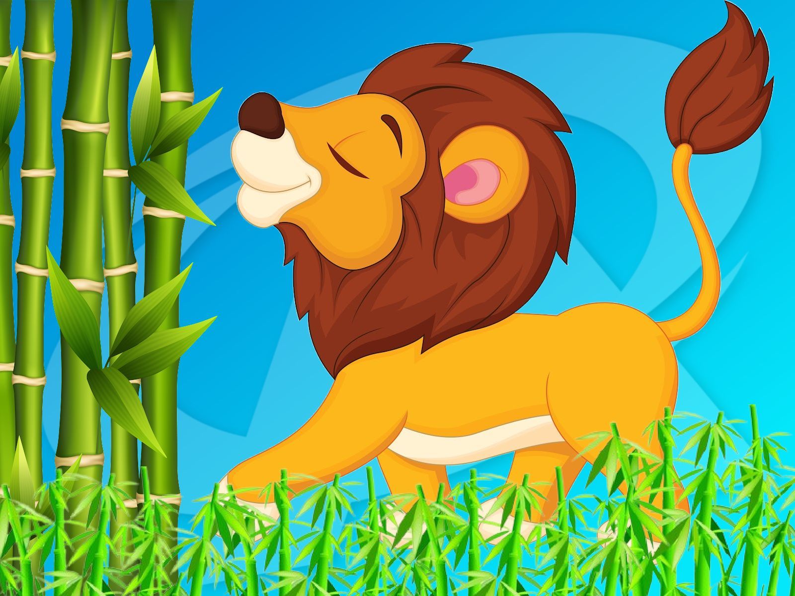 A cartoon lion is standing in a field of bamboo.