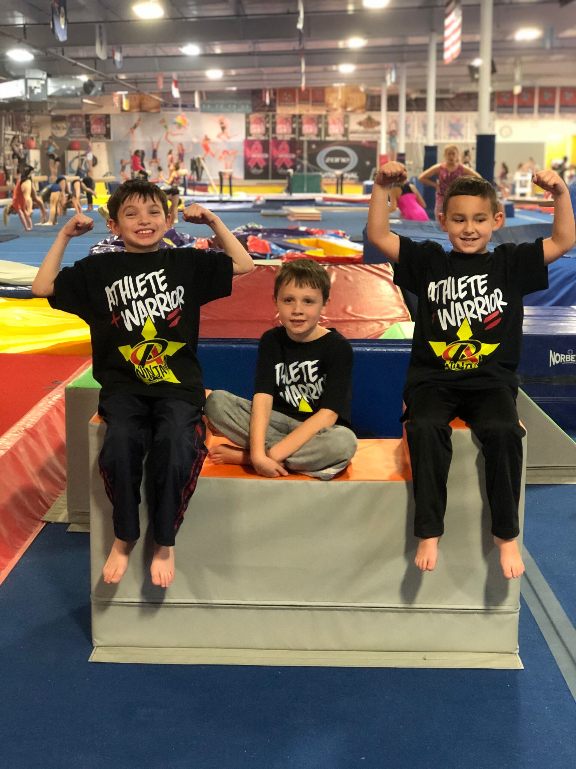 Three young boys are posing for a picture in a gym.