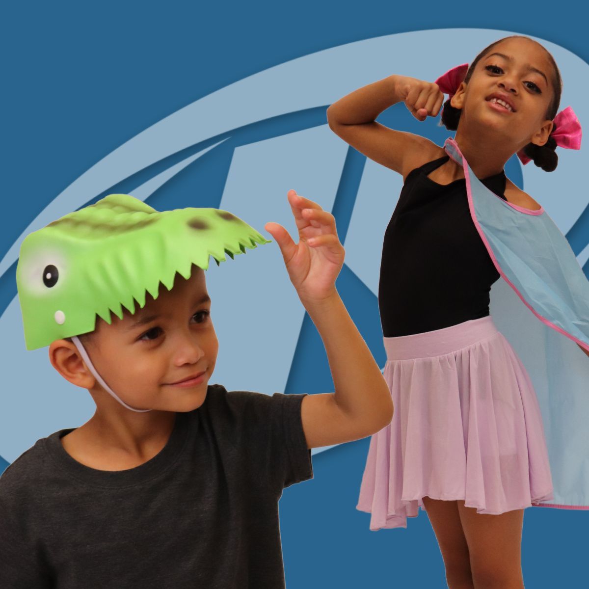 A boy wearing a green hat and a girl wearing a pink skirt