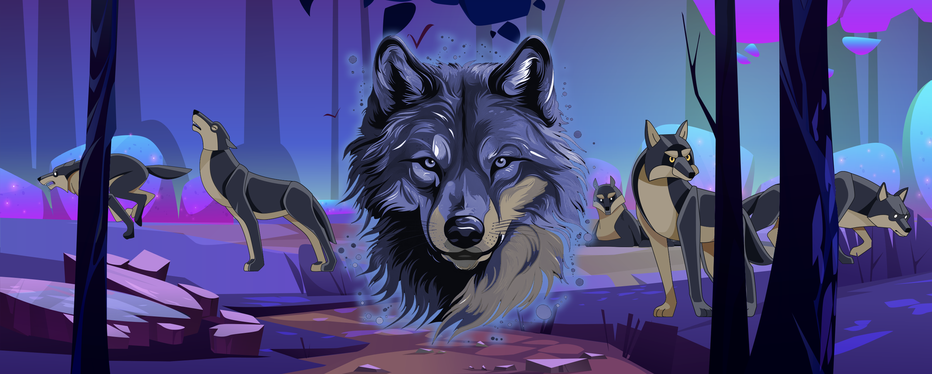 A painting of a wolf surrounded by other wolves in a forest.