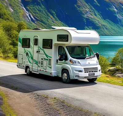 White and green RV driving on a road near a lake and mountains.